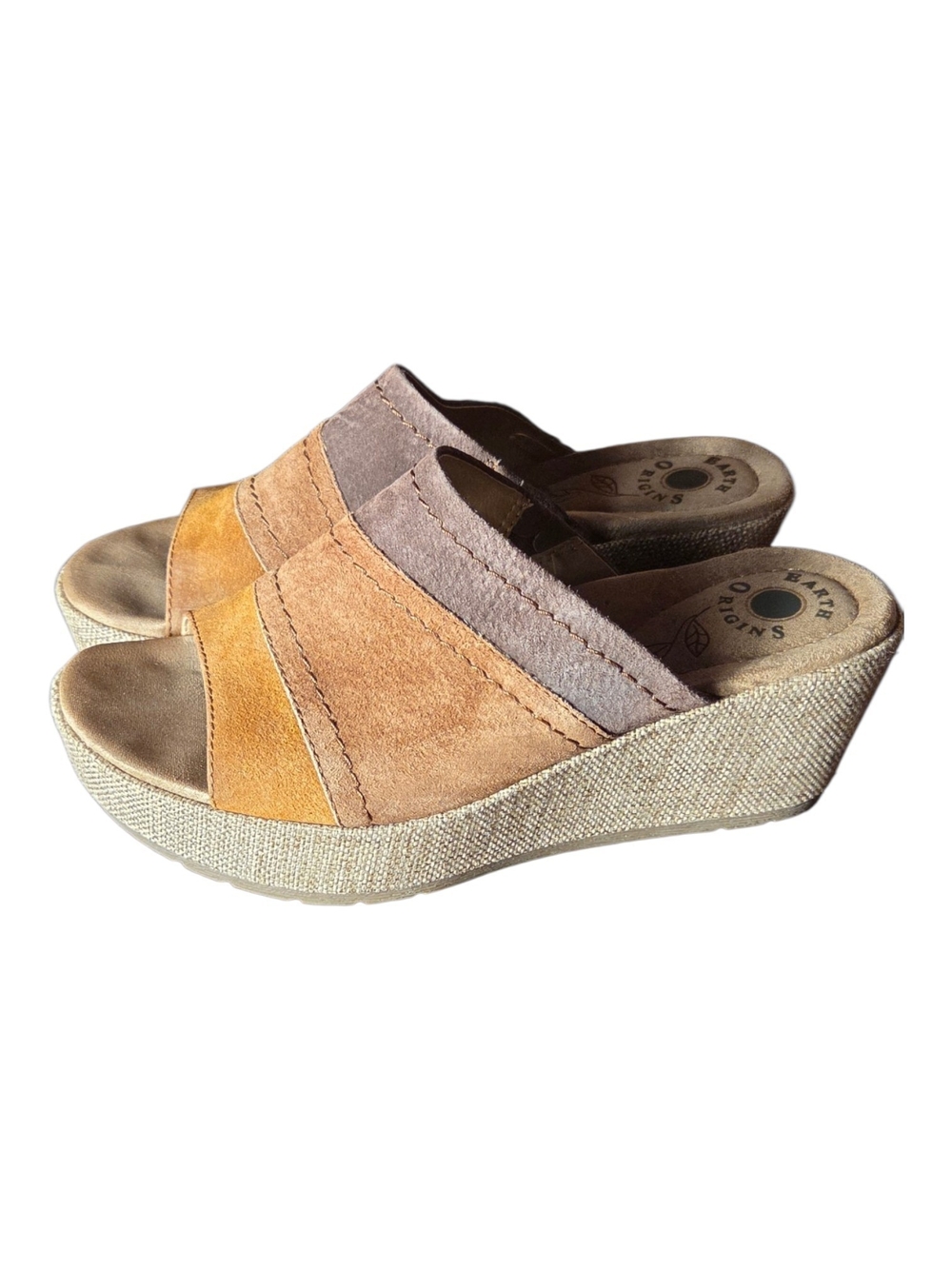 Earth Origins Suede Wedge Mules in Taupe and Mustard